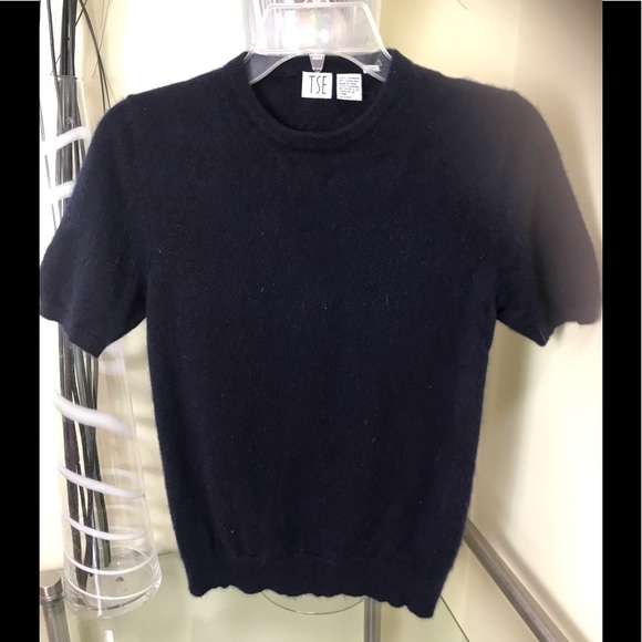 TSE Cashmere Short Sleeves Pullover Sweater Top Minimalist Quality Knit Navy S - Picture 2 of 8